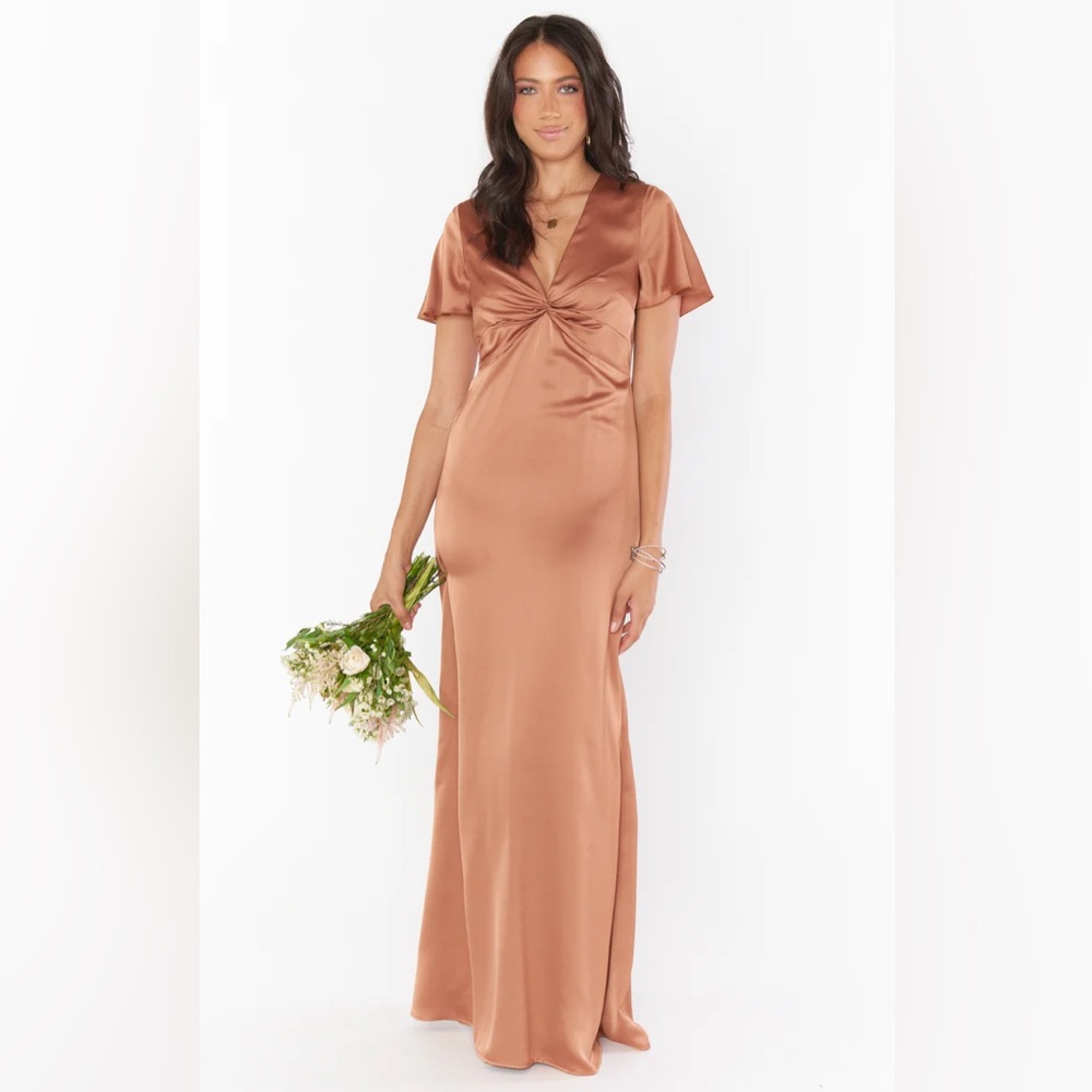 Show Me Your MuMu Copper Satin Twist-Front Maxi Dress